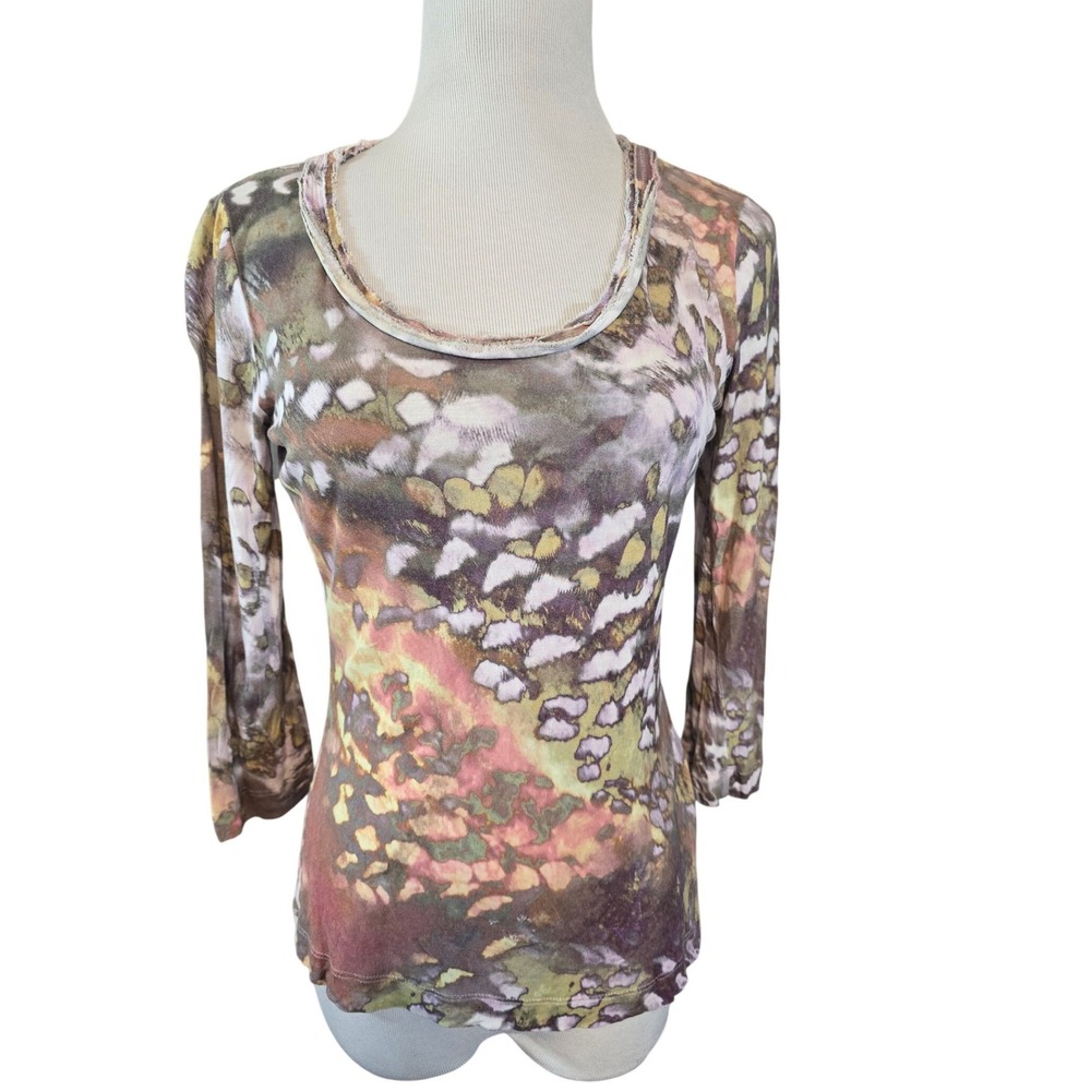Escada Womens S Abstract Animal Print‎ Viscose Scoop Neck 3/4 Sleeve Top Multi